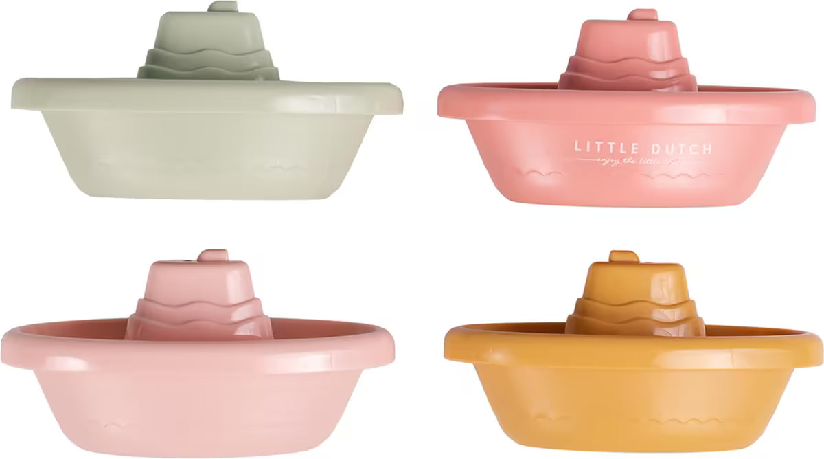 Vier losse Little Dutch Bad Bootjes in roze, groen en geel, ideaal speelgoed voor in bad of zwembad.
