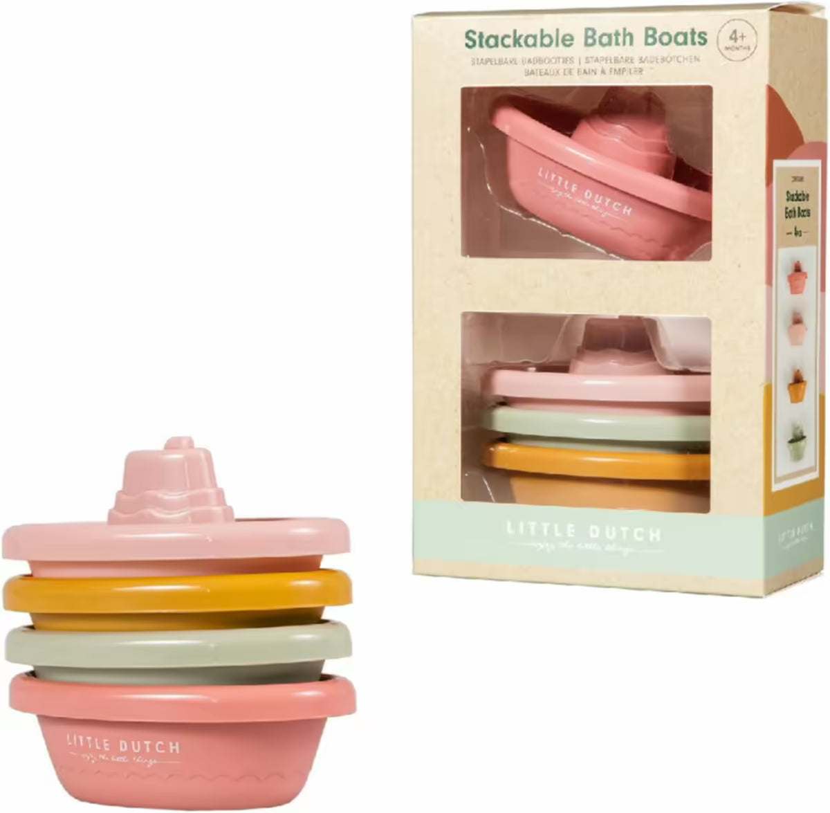 Set Little Dutch Bad Bootjes, stapelbaar bad speelgoed in roze, groen en geel, verpakt in geschenkdoos.