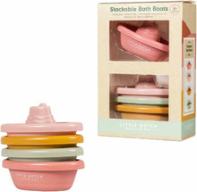 Set Little Dutch Bad Bootjes, stapelbaar bad speelgoed in roze, groen en geel, verpakt in geschenkdoos.