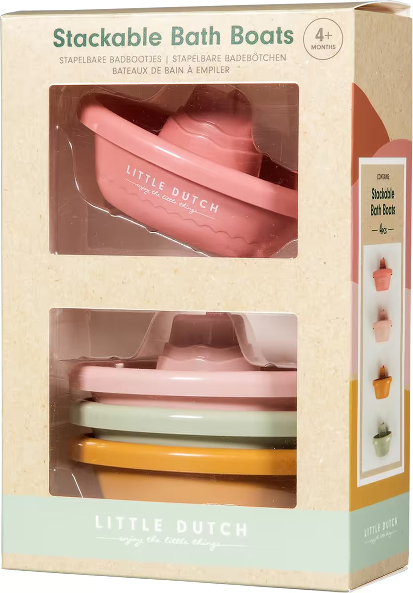 Voorkant verpakking van Little Dutch Bad Bootjes met 4 stuks stapelbaar badspeelgoed in pastelkleuren.