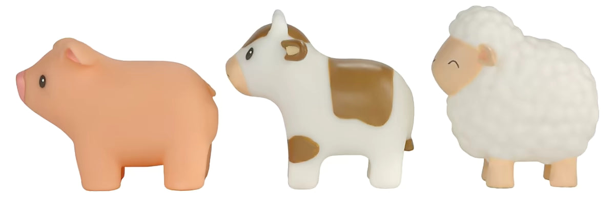 Little Dutch Bad Figuren Set Farm met drie boerderijdieren in zijaanzicht, veilig speelgoed voor in bad.