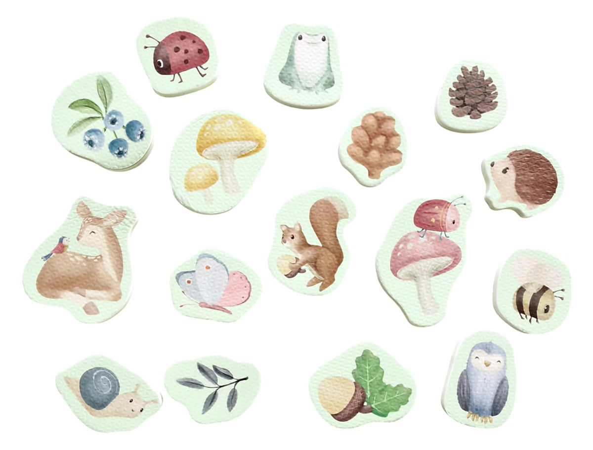 Little Dutch Bad Foam Figuren Forest Friends volledige set van 16 schuimfiguren met dieren en bosmotieven voor badplezier.