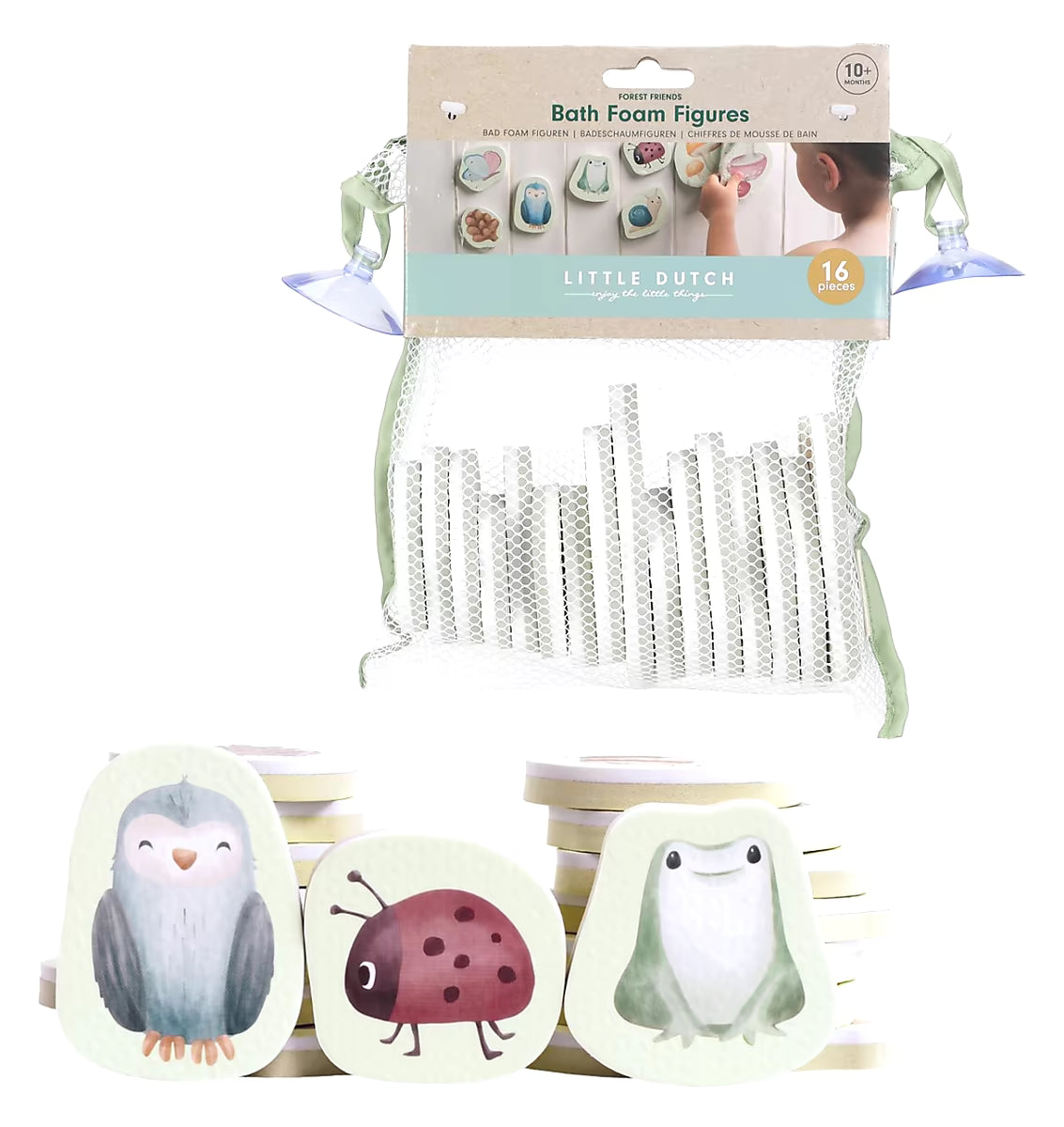 Little Dutch Bad Foam Figuren Forest Friends verpakking voorkant met 16 stuks badspeelgoed voor baby’s vanaf 10 maanden.