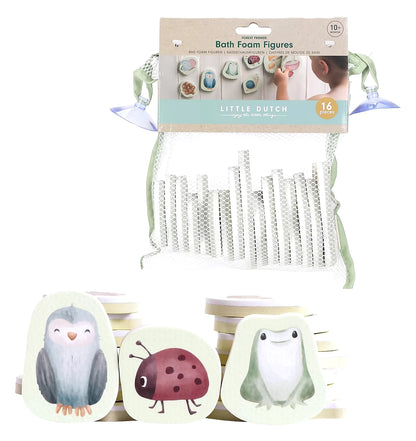 Little Dutch Bad Foam Figuren Forest Friends verpakking voorkant met 16 stuks badspeelgoed voor baby’s vanaf 10 maanden.