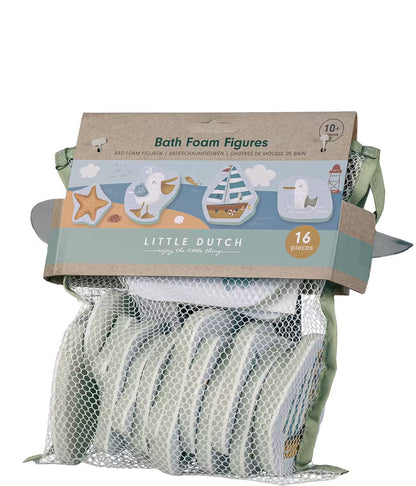 Little Dutch Bad Foam Figuren Sailors Bay in verpakking, 16-delig badspeelgoed vanaf 10 maanden, voorkant verpakking.