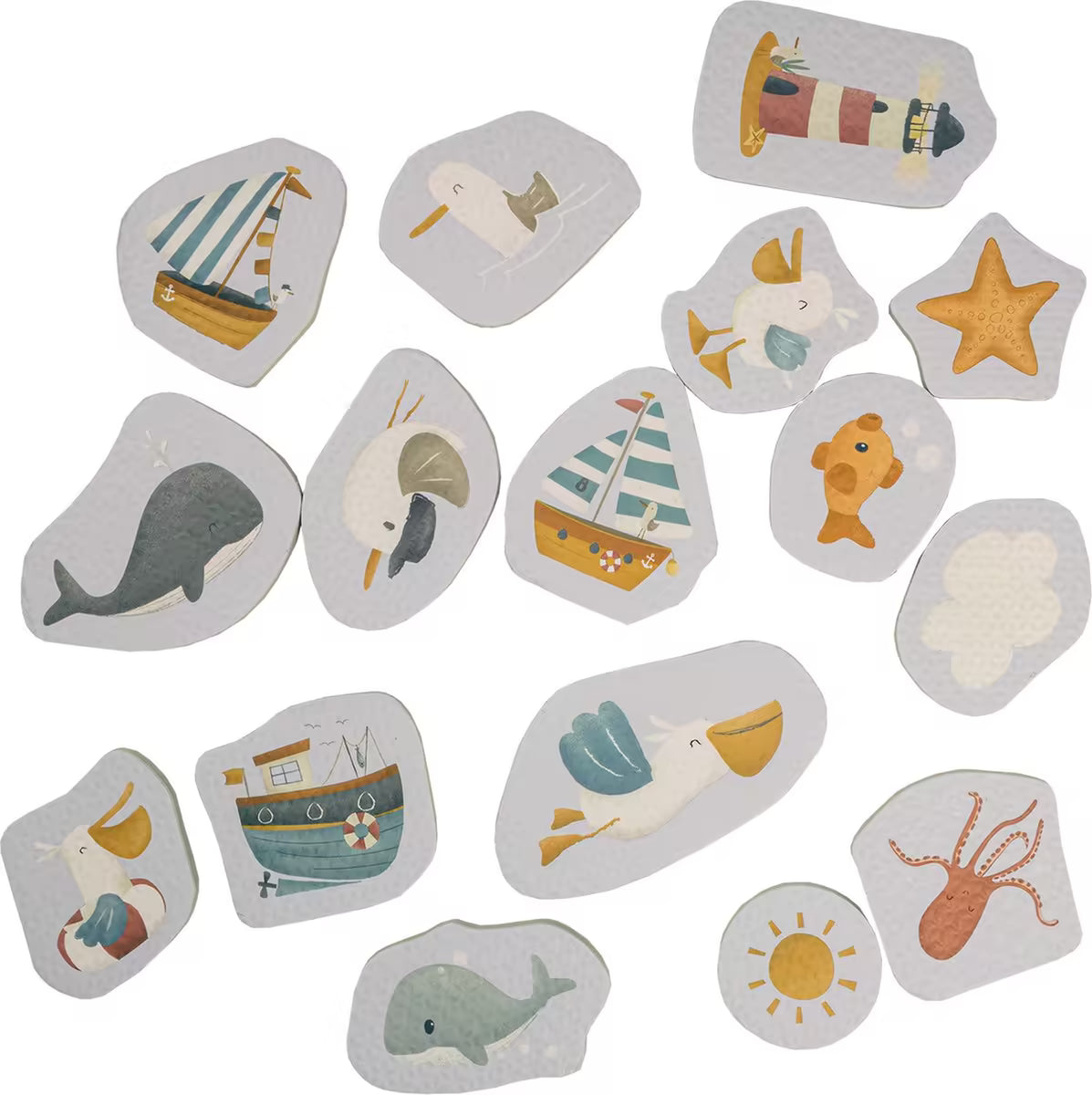 Little Dutch Bad Foam Figuren met zeedieren, boten en zon, kleurrijk speelgoed voor in bad voor jonge kinderen.