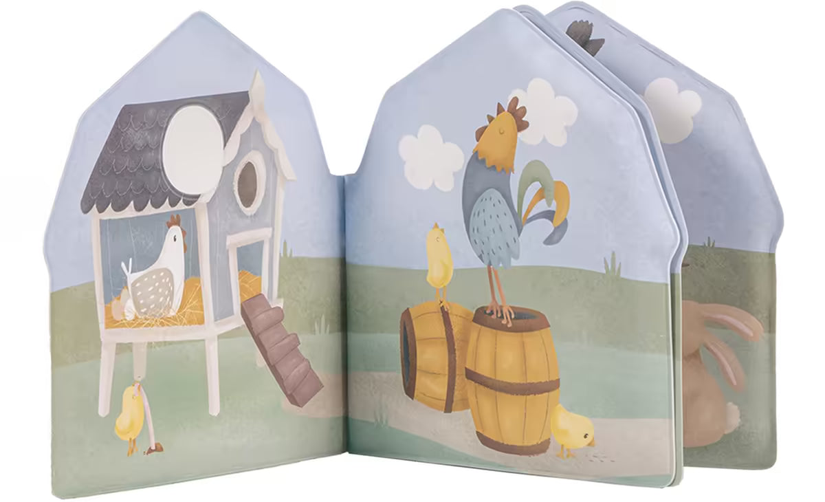 Little Dutch Badboekje met kip in kippenhok en haan op vat, kleurrijk badboekje baby boerderij.
