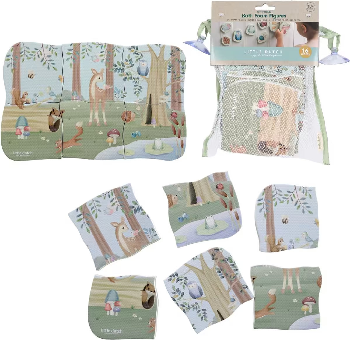 Little Dutch badpuzzel forest friends met foam puzzelstukken, verpakt met handige opbergnet voor speelgoed in bad.