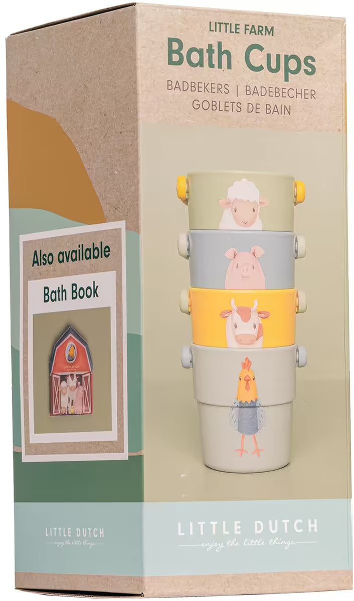 Achterzijde doos Little Dutch badspeelgoed badbekers Farm met extra vermelding van bijpassend badboek.