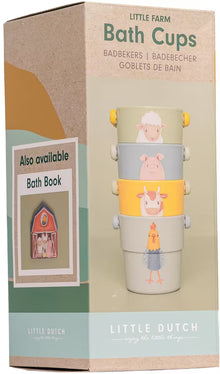 Achterzijde doos Little Dutch badspeelgoed badbekers Farm met extra vermelding van bijpassend badboek.
