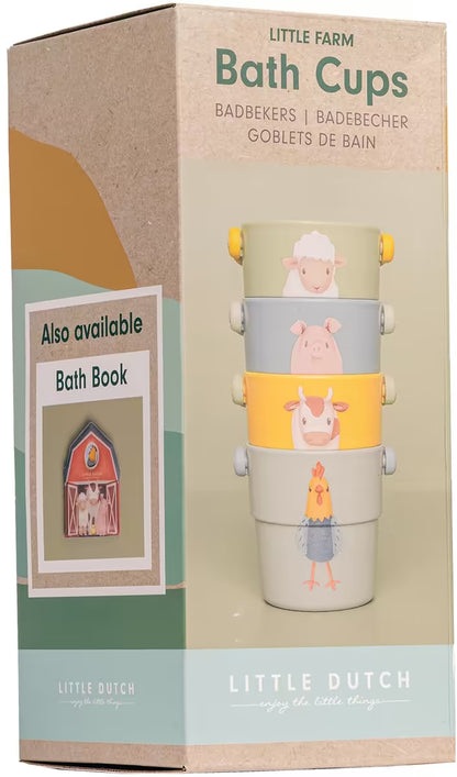 Achterzijde doos Little Dutch badspeelgoed badbekers Farm met extra vermelding van bijpassend badboek.