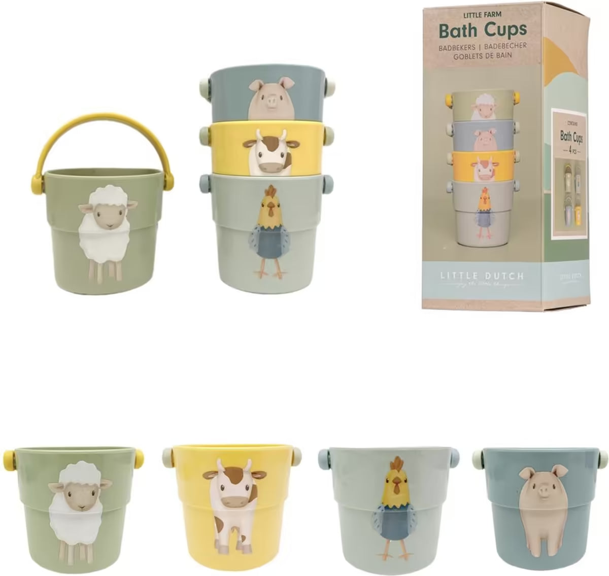 Complete set Little Dutch badspeelgoed badbekers Farm met doos, losse bekers en stapelvariant met dieren.