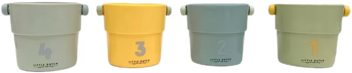 Set van vier Little Dutch badspeelgoed badbekers Farm met genummerde bekers in groen, geel en blauw tinten.