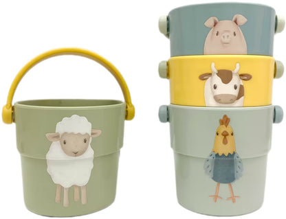 Little Dutch badspeelgoed badbekers Farm, drie gestapeld en één los met geel handvat en schaap illustratie.