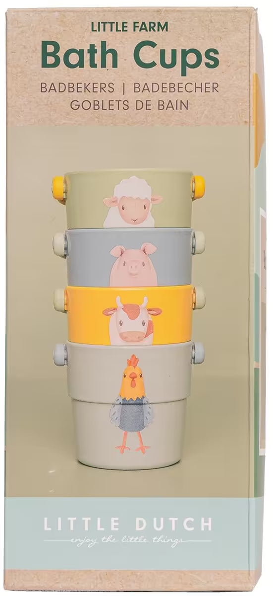 Voorkant verpakking Little Dutch badspeelgoed badbekers Farm met schaap, varken, koe en kip illustraties.