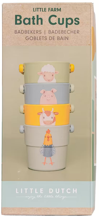Voorkant verpakking Little Dutch badspeelgoed badbekers Farm met schaap, varken, koe en kip illustraties.