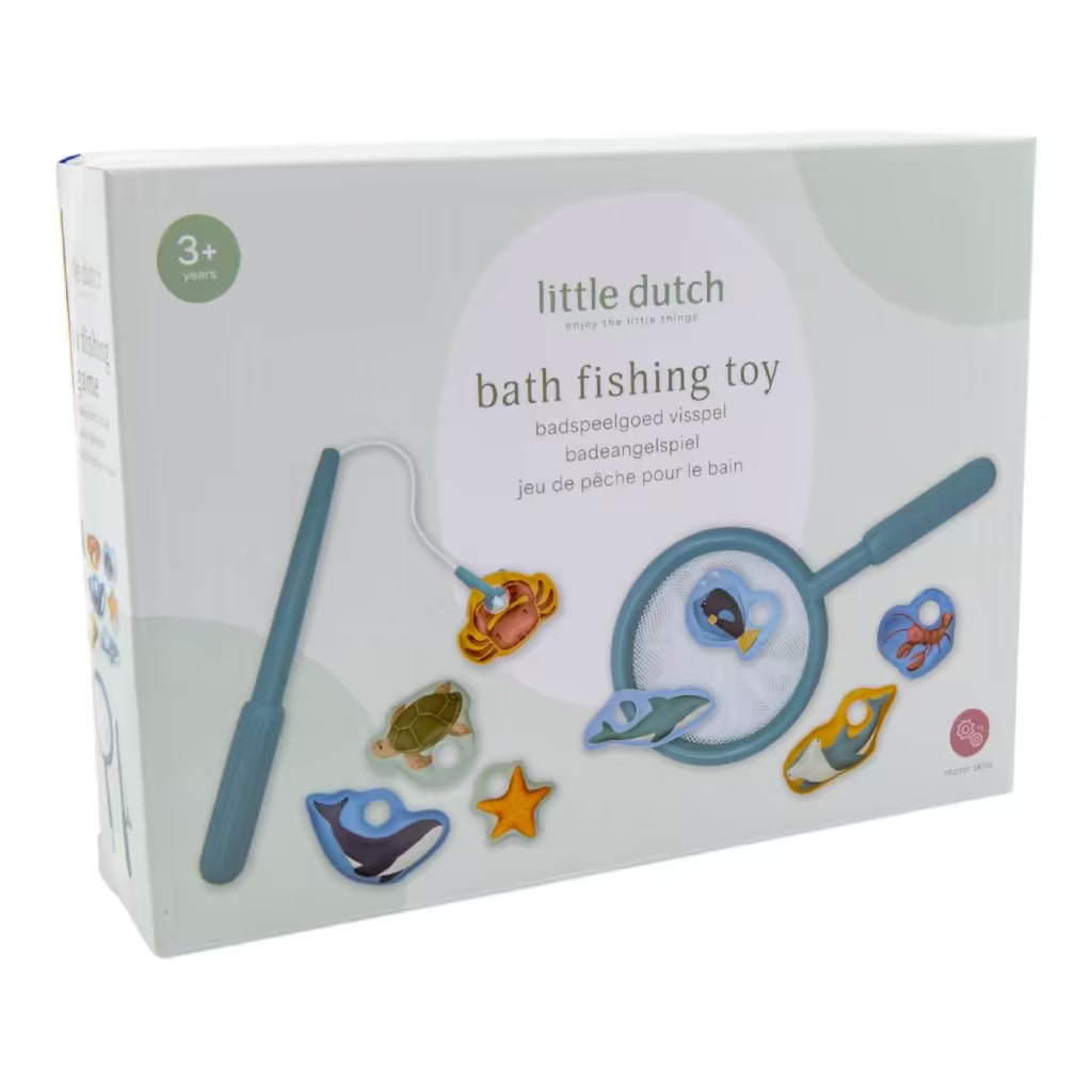 Detailfoto linkerzijde doos Little Dutch badspeelgoed visspel, bad speelgoed voor peuters vanaf drie jaar.