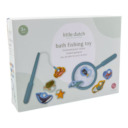 Detailfoto linkerzijde doos Little Dutch badspeelgoed visspel, bad speelgoed voor peuters vanaf drie jaar.