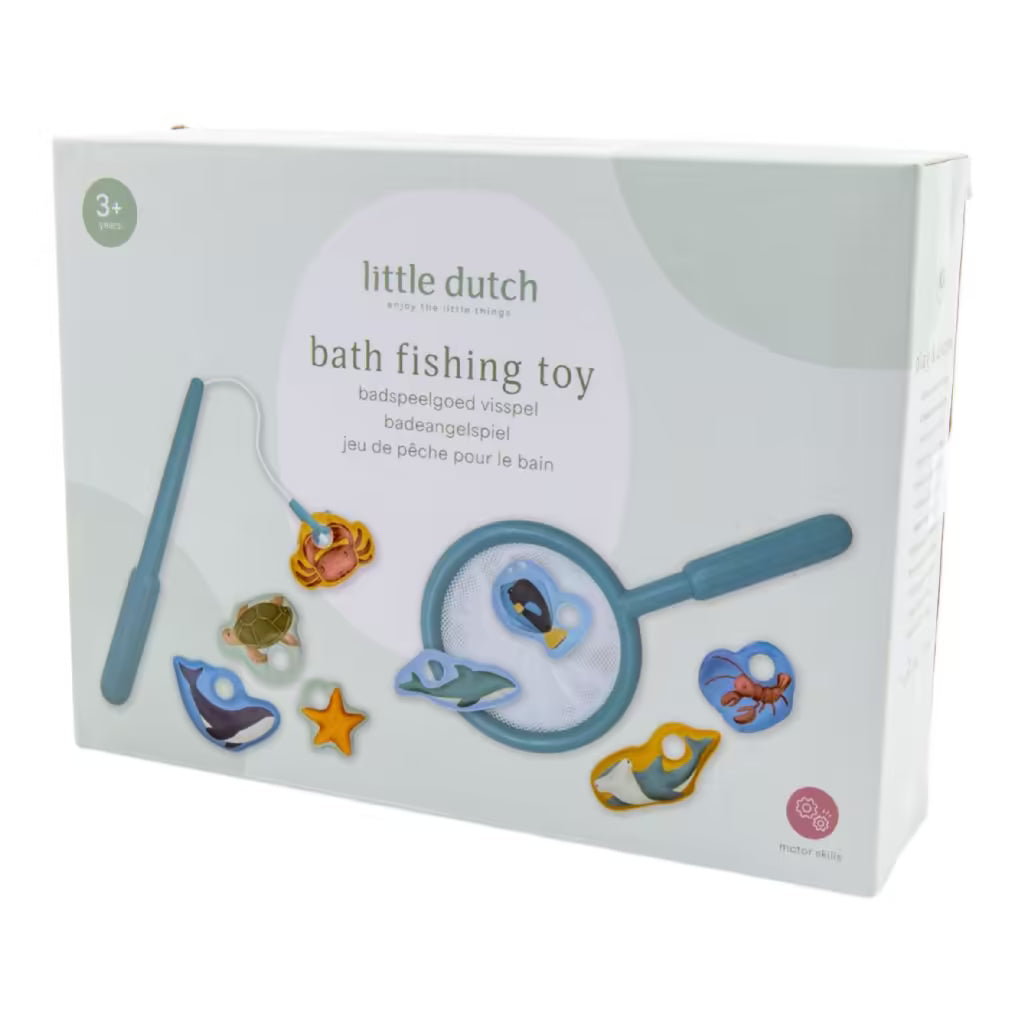 Rechterzijde verpakking Little Dutch badspeelgoed visspel met kleurrijke vissen, ideaal speelgoed voor in bad.