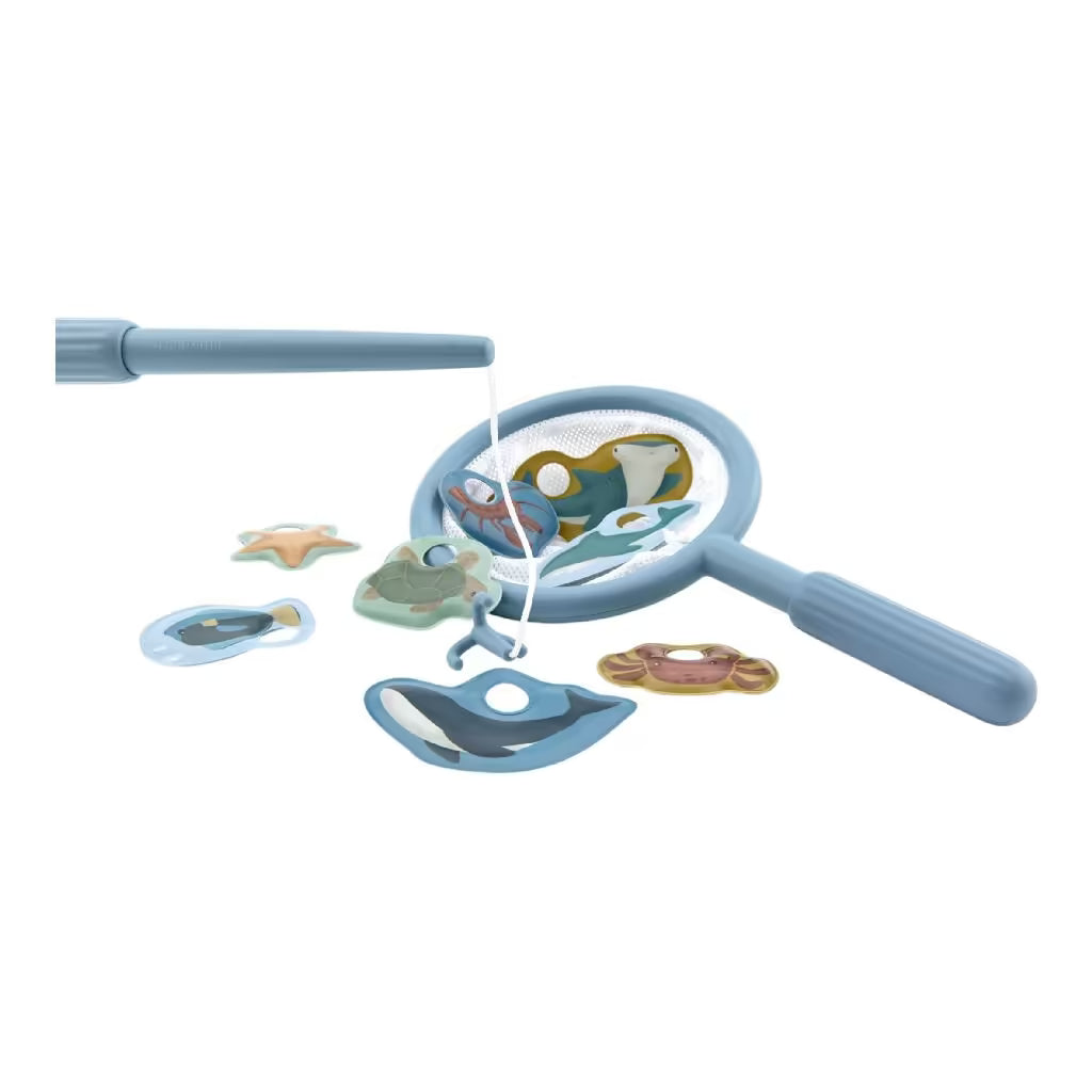 Bovenaanzicht Little Dutch badspeelgoed visspel met hengel en kleurrijke zeedieren voor interactief badspel.