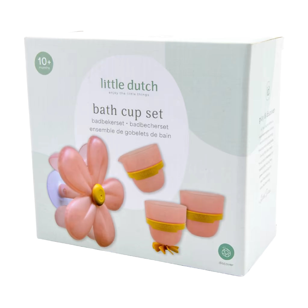 Zijkant verpakking Little Dutch Badwand bekers bloem, vrolijk badspeelgoed voor in bad vanaf 10 maanden.