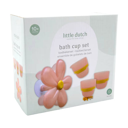 Voorkant verpakking Little Dutch Badwand bekers bloem, kleurrijk bad speelgoed voor baby’s en peuters vanaf 10 maanden.