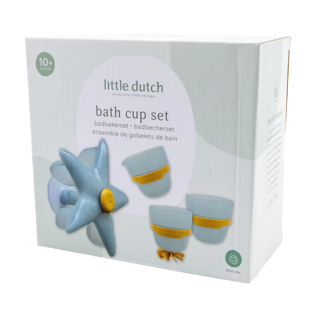 Little Dutch Badwand bekers zeester doos, bad speelgoed set met drie blauwe bekers en stervormig waterwiel voor in bad.