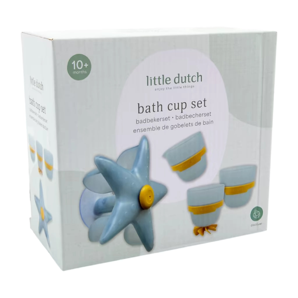 Voorkant verpakking Little Dutch Badwand bekers zeester, badspeelgoed set in blauw met geel voor peuters vanaf 10 maanden.