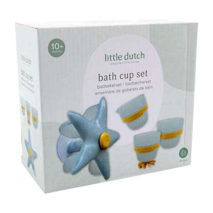 Voorkant verpakking Little Dutch Badwand bekers zeester, badspeelgoed set in blauw met geel voor peuters vanaf 10 maanden.
