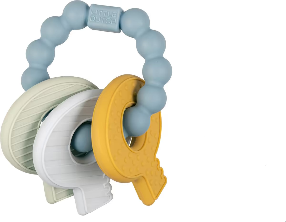 Siliconen Little Dutch Bijtring sleutelbos met blauwe ring en pastel sleutels, ideaal baby speelgoed en sensorisch speelgoed.