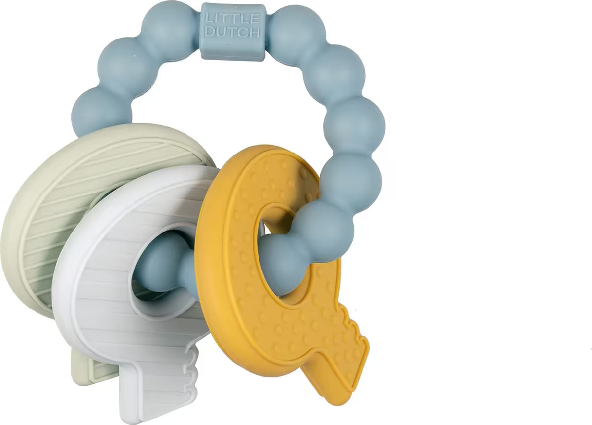 Little Dutch Bijtring sleutelbos met drie siliconen sleutels in geel, wit en groen, veilig bijtspeeltje baby.