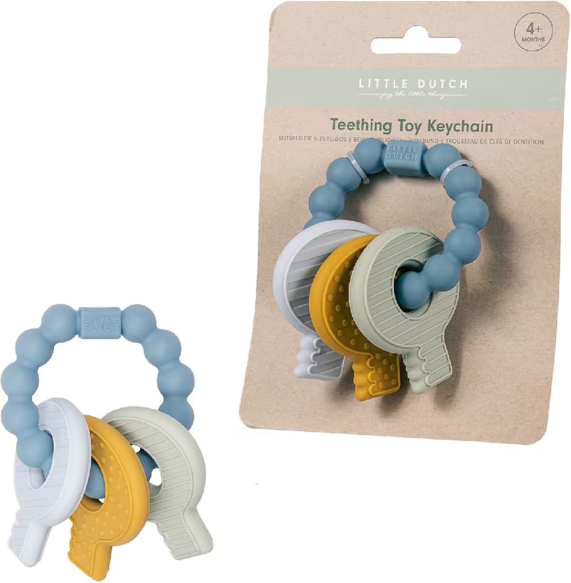 Little Dutch Bijtring sleutelbos in blauw en pastelkleuren, voorkant verpakking, ideaal bijtring baby en kraamcadeau.