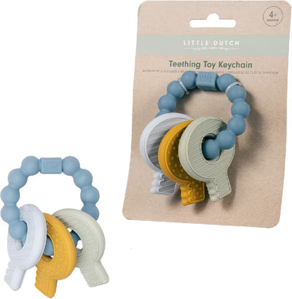 Little Dutch Bijtring sleutelbos in blauw en pastelkleuren, voorkant verpakking, ideaal bijtring baby en kraamcadeau.