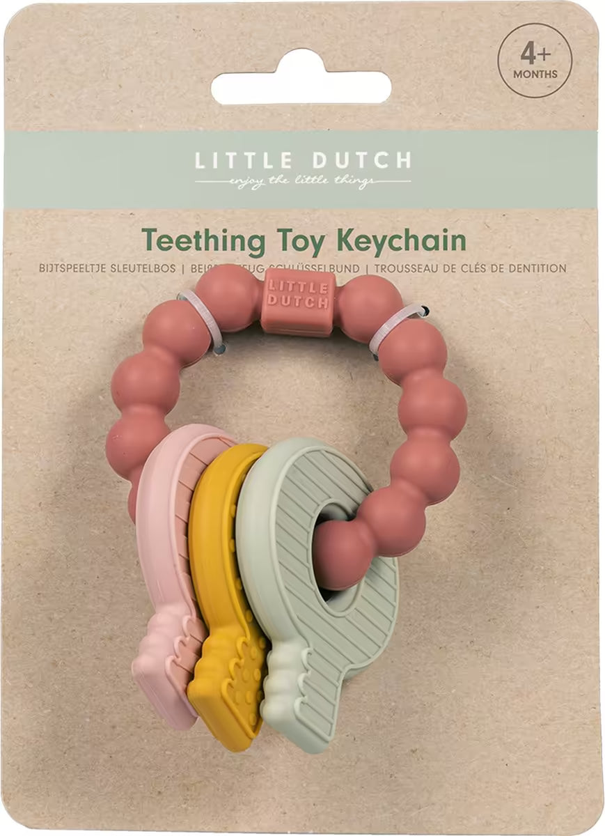 Little Dutch Bijtring siliconen sleutelbos roze, verpakking met logo en tekst, geschikt vanaf 4 maanden.