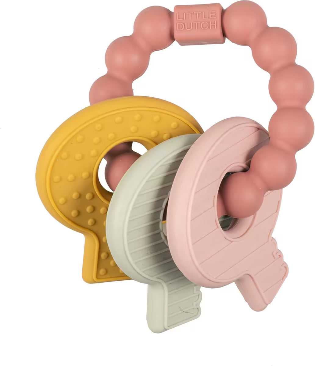 Detailfoto van Little Dutch Bijtring sleutelbos roze, geel en groen, zacht siliconen bijtspeeltje voor baby’s.