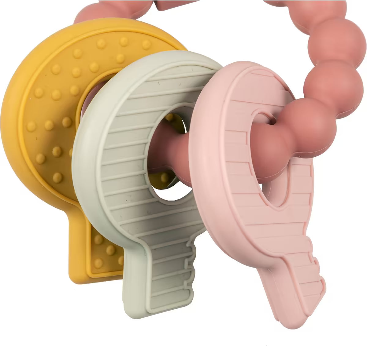 Little Dutch Bijtring sleutelbos siliconen roze geel groen, duurzaam bijtspeeltje en onderdeel babyuitzet.