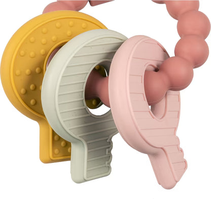 Little Dutch Bijtring sleutelbos siliconen roze geel groen, duurzaam bijtspeeltje en onderdeel babyuitzet.