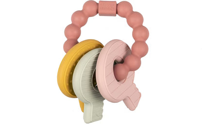Little Dutch Bijtring sleutelbos roze van siliconen, kleurrijk baby speelgoed met drie sleutels aan ring.