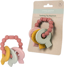 Little Dutch Bijtring sleutelbos roze in siliconen, voorkant verpakking, ideaal bijtspeeltje en kraamcadeau.