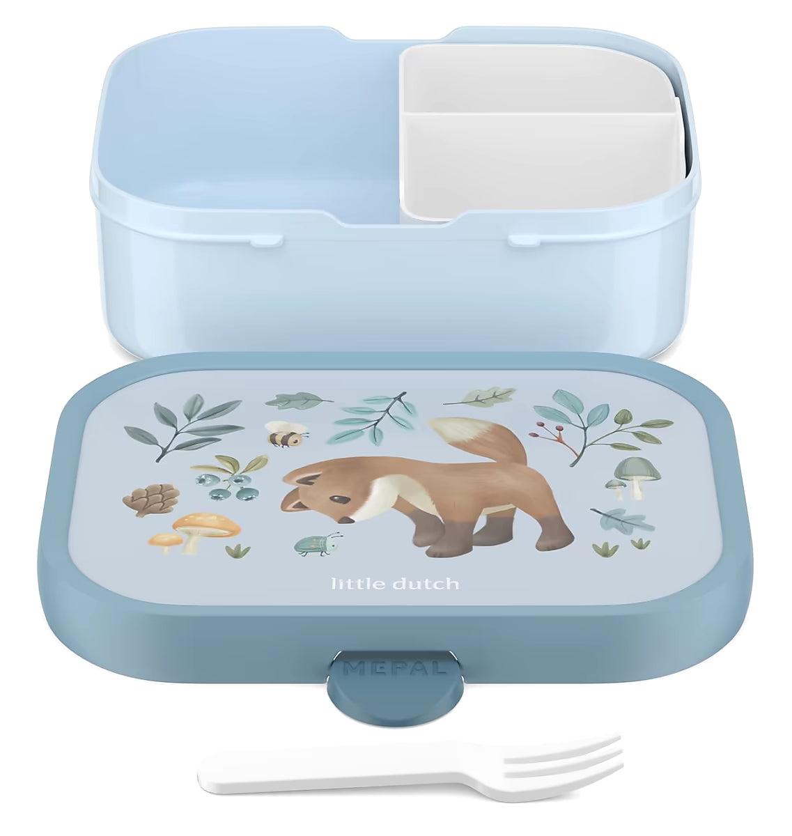 Little Dutch broodtrommel kind Forest Friends met blauwe deksel, vakjes en vorkje, handige lunchbox voor school