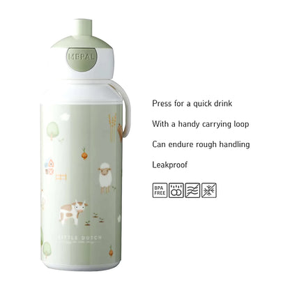 Little Dutch drinkfles Mepal Campus 400 ML met tekst over lekvrij en BPA-vrij design, stevig voor dagelijks gebruik.