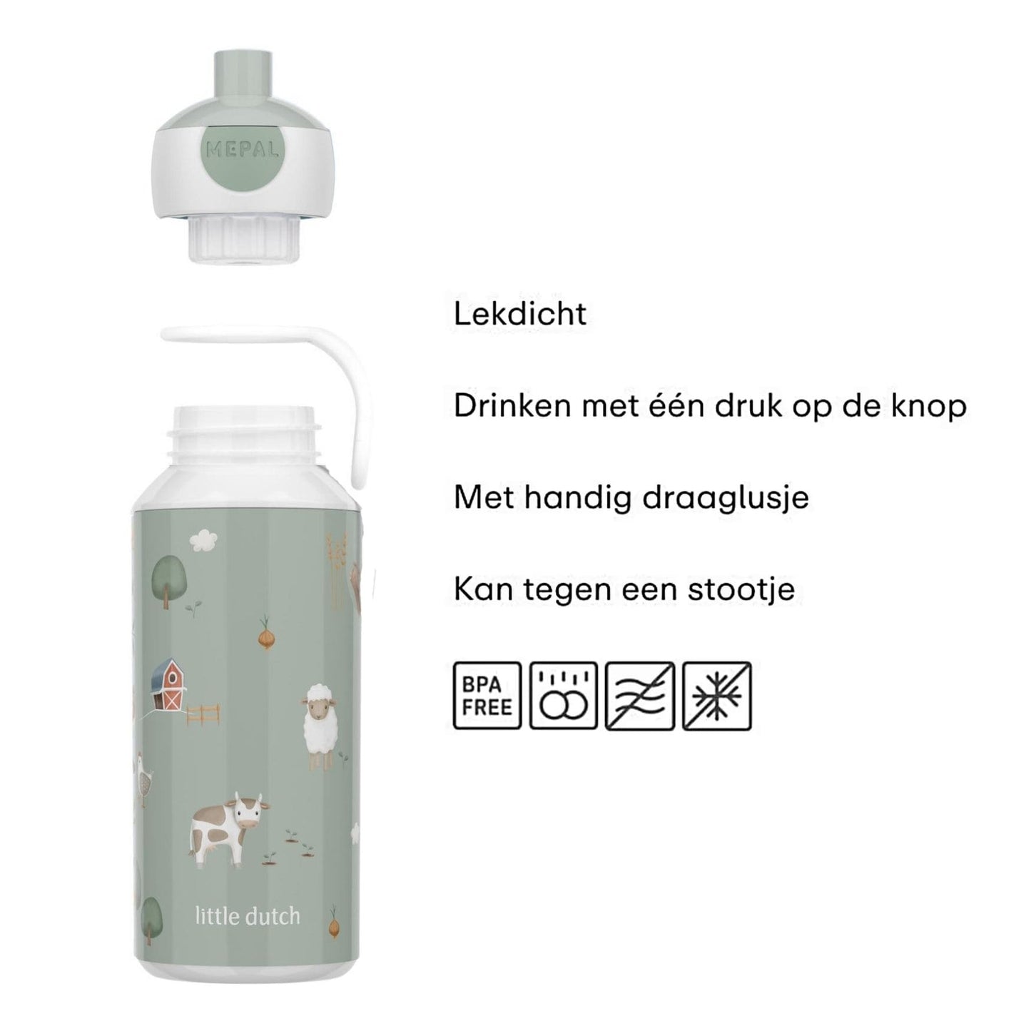 Little Dutch drinkfles Mepal Campus 400 ML met tekst over lekvrij en BPA-vrij design, stevig voor dagelijks gebruik.