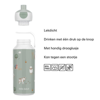 Little Dutch drinkfles Mepal Campus 400 ML met tekst over lekvrij en BPA-vrij design, stevig voor dagelijks gebruik.
