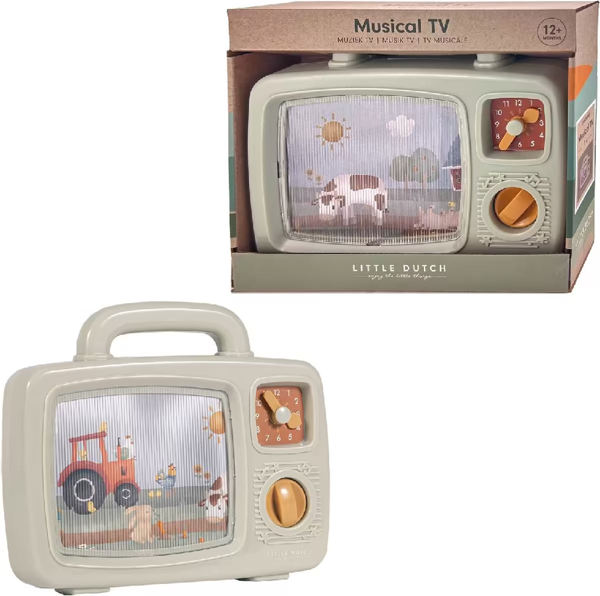Little Dutch Farm Muziek TV in verpakking en los afgebeeld, educatief babyspeelgoed met boerderijprint.