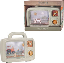 Little Dutch Farm Muziek TV in verpakking en los afgebeeld, educatief babyspeelgoed met boerderijprint.