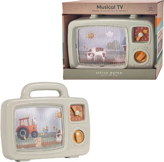 Little Dutch Farm Muziek TV in verpakking en los afgebeeld, educatief babyspeelgoed met boerderijprint.