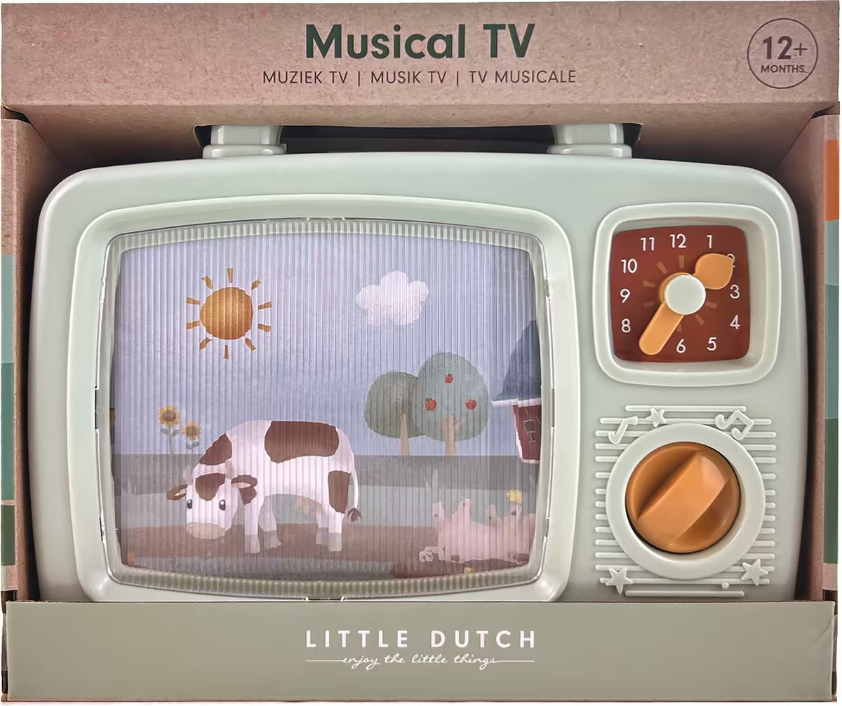 Voorkant verpakking van Little Dutch Farm Muziek TV, sensorisch speelgoed met boerderijafbeelding en muziek.