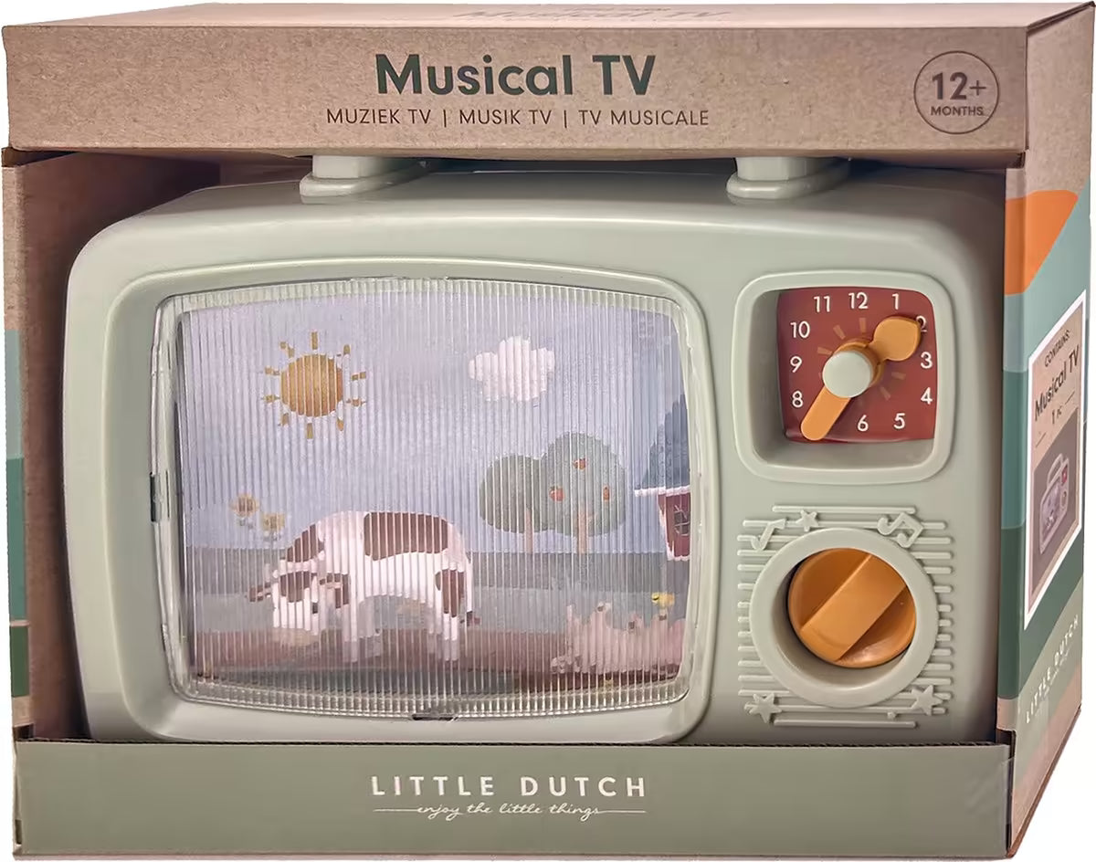 Little Dutch Farm Muziek TV in verpakking, educatief babyspeelgoed met boerderijprint, ideaal baby cadeau.
