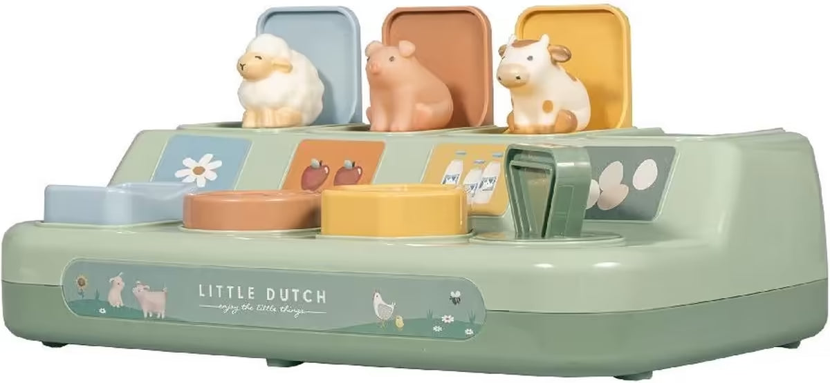 Little Dutch Farm Pop-up Dieren met drie boerderijdieren zichtbaar, montessori babyspeelgoed en origineel cadeau voor 1 jaar.