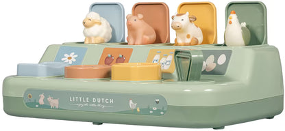 Little Dutch Farm Pop-up Dieren met schaap, varken, koe en kip, educatief babyspeelgoed in pastelgroen ontwerp.